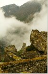 The Sun Gate, Intipunku, on the hillside, is where hikers get their first sight of Machu Picchu.
