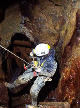 Abseiling down a shaft in a Cornish mine