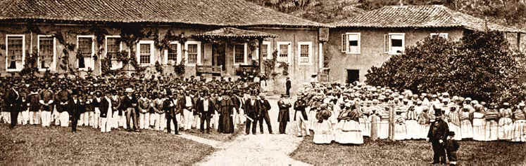 The fortnightly slave muster at the Morro Velho Mine of the St John del Rey Mining Company, Brazil, outside the 'Casa Grande' in the late nineteenth century. Photograph courtesy Malcolm Jones