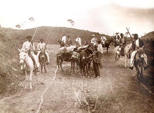 The gold troop en route to Honorio Bicalho from the Morro Velho mine, Brazil around the turn of the century. Photograph courtesy Dave and Mary Mayo